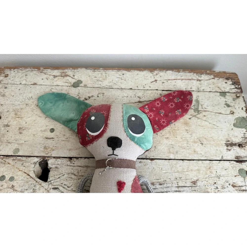 Pinky Swear Handmade Patchwork Dog Plush Art Doll Linen Plaid Floral 11in